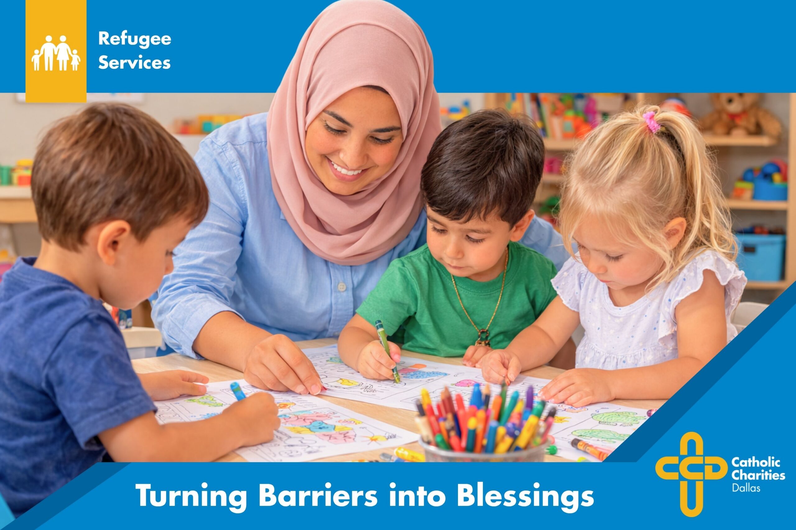 woman with children doing coloring books