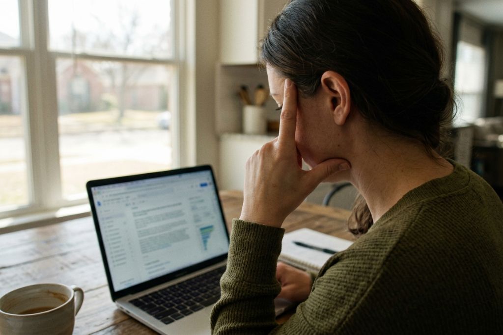 A mother sitting at a kitchen table or on a sofa in a naturally lit room, looking at a laptop or tablet with a thoughtful expression.