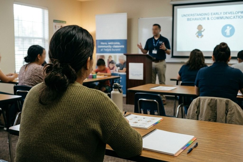 a mother attending a parenting class that helps the mother to understand her son's behavior, communication, and development needs