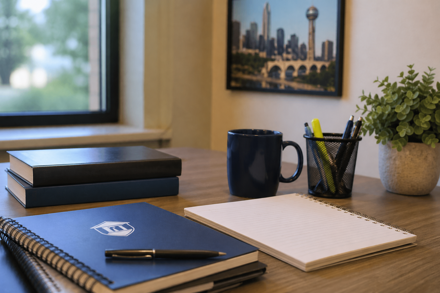 A desk with notebooks and pens