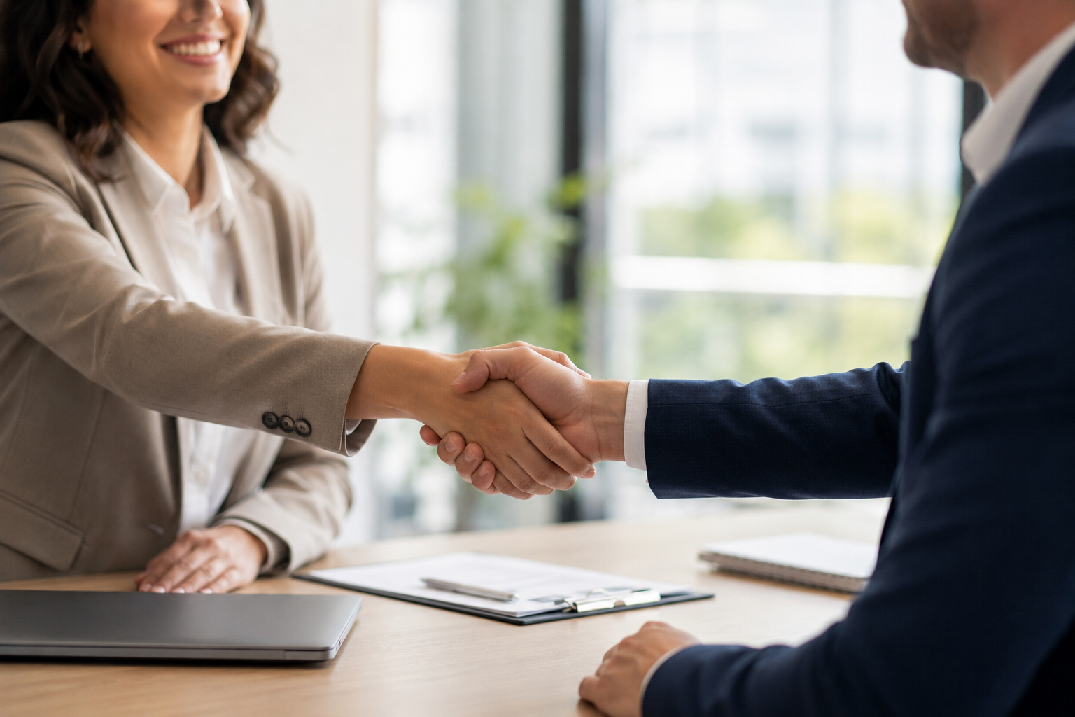 employee and employer shaking hands
