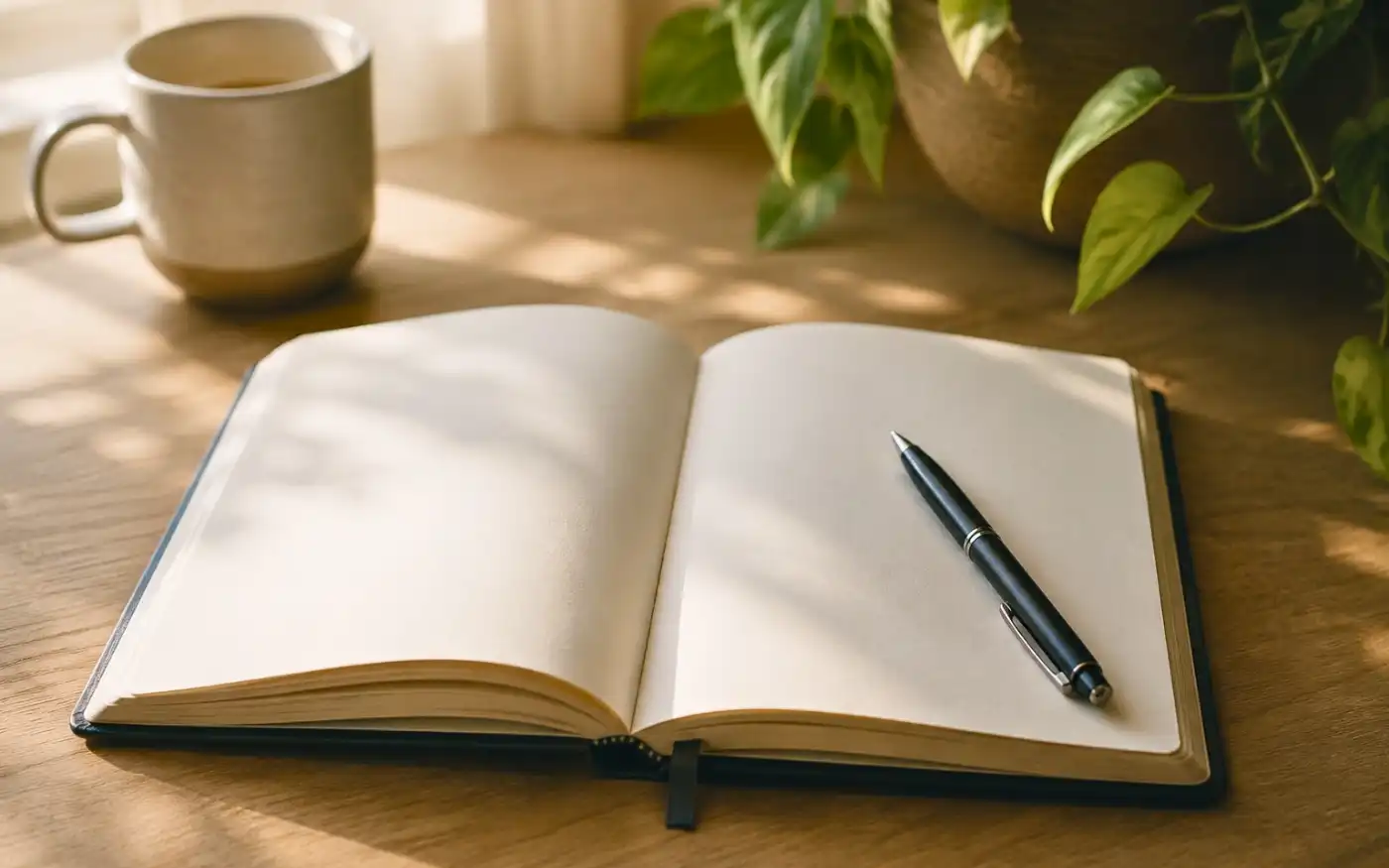 Blank open notebook and pen in soft window light